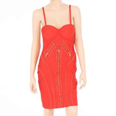 Red Bodycon Bandage Mini Dress with Gold Zipper Details and Sweetheart Neckline front view